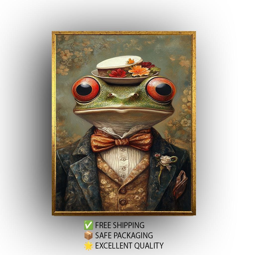 Victorian Frog Portrait: Whimsical Animal Painting with Floral Hat