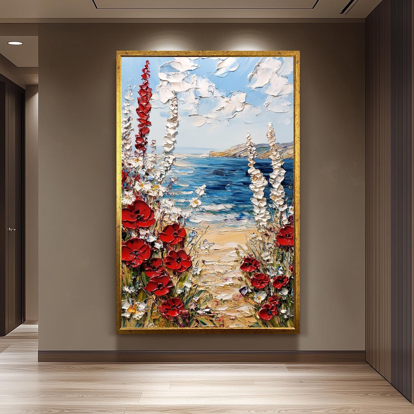 Coastal Poppy Oil Painting Print: Beach Seascape Wall Art