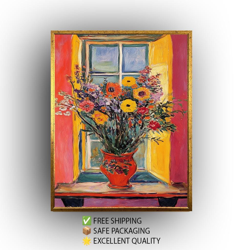 Matisse Style Floral Painting: Colorful Window Vase Still Life Art
