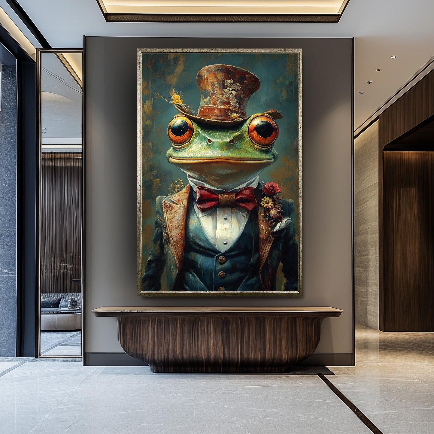 Frog Portrait Art: Whimsical Animal Painting in Vintage Suit