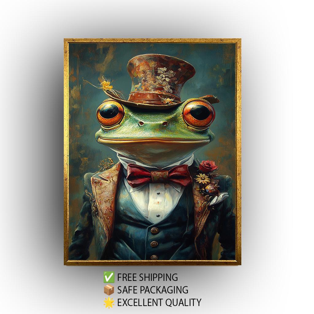 Frog Portrait Art: Whimsical Animal Painting in Vintage Suit