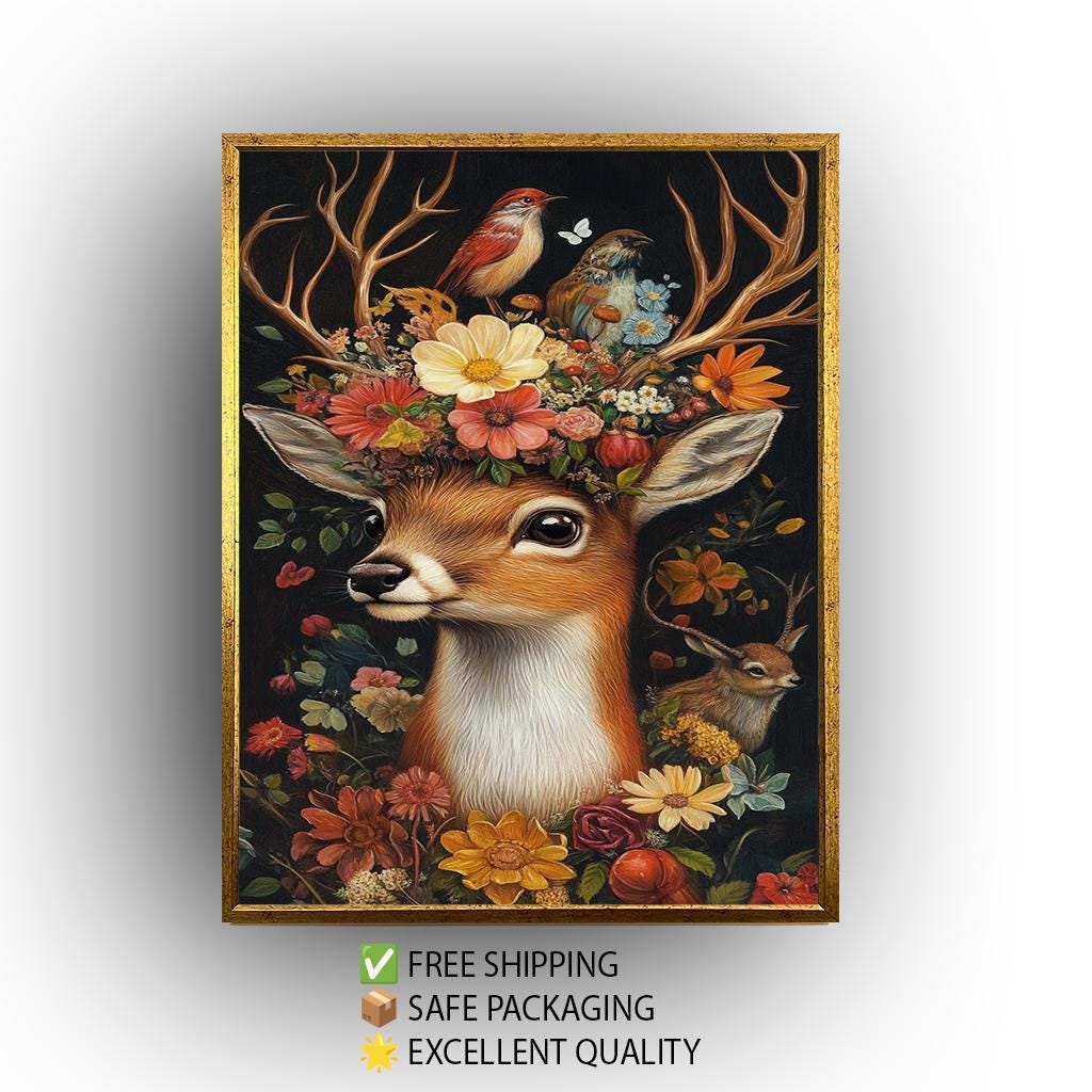 Whimsical Deer Floral Print: Surreal Woodland Fantasy Portrait