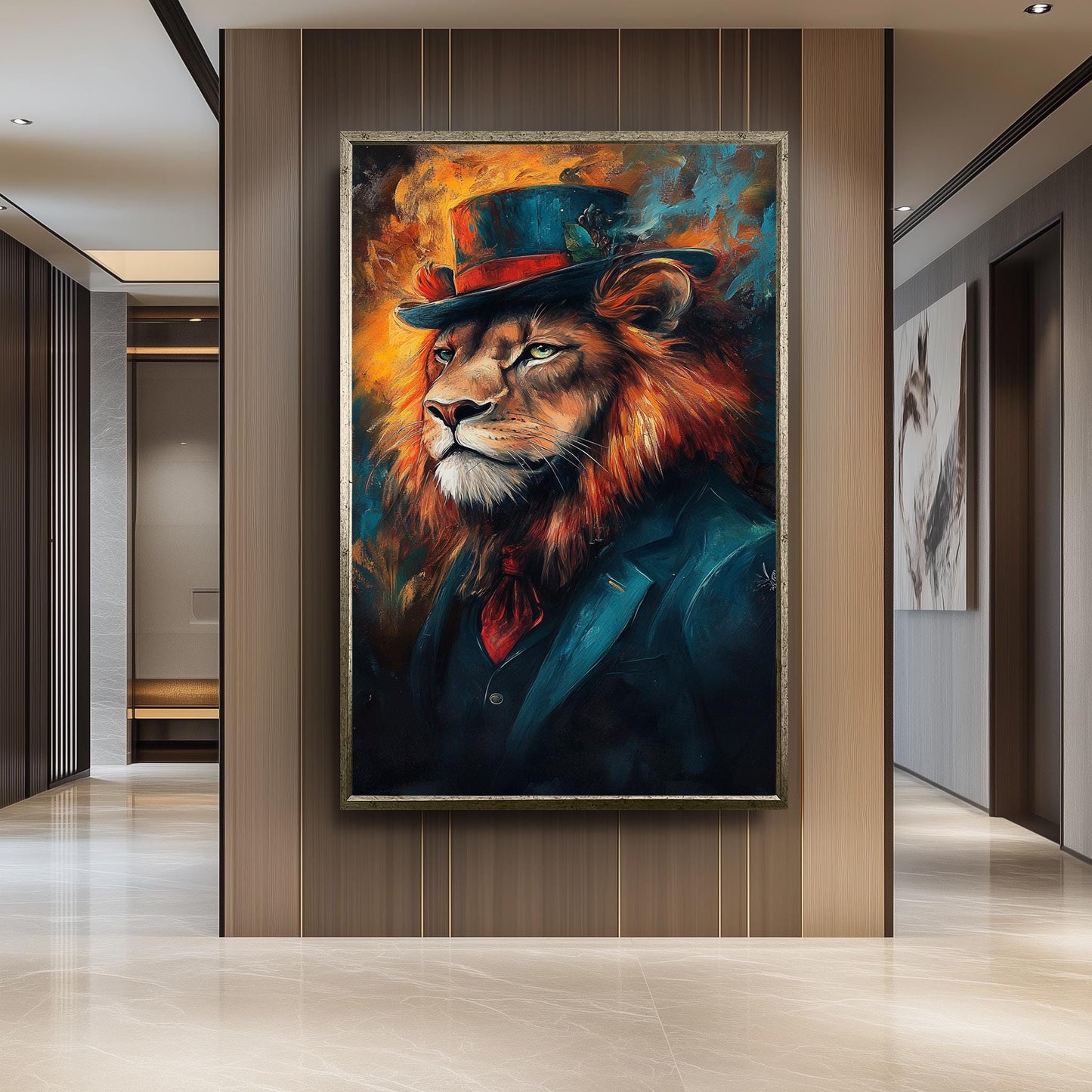 Lion Portrait Canvas Art: Surreal Animal in Suit & Top Hat