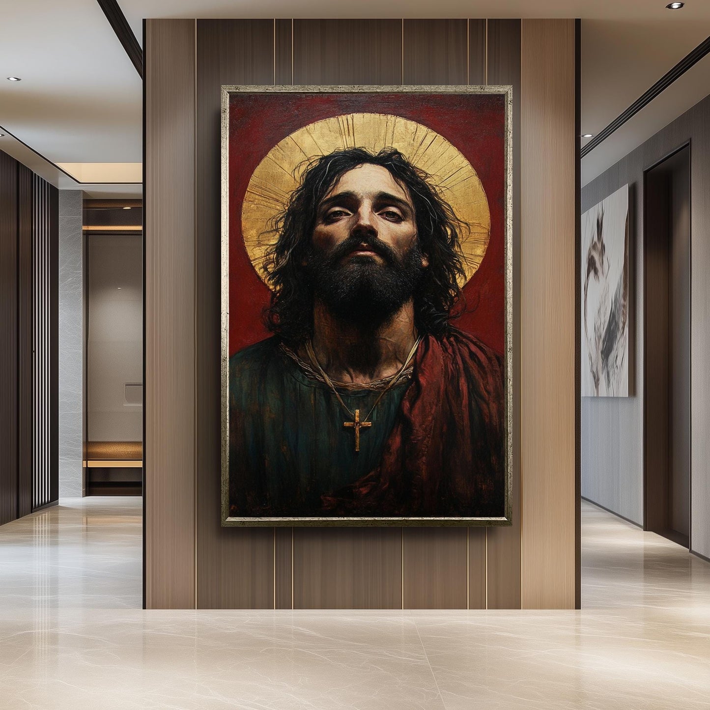 Sacred Jesus Portrait Canvas: Surreal Religious Art with Golden Halo
