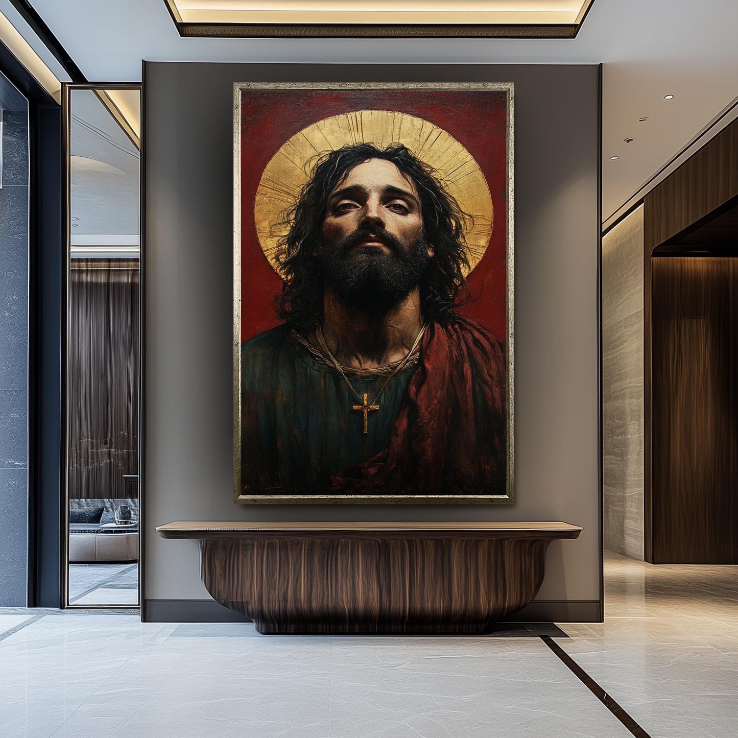 Sacred Jesus Portrait Canvas: Surreal Religious Art with Golden Halo