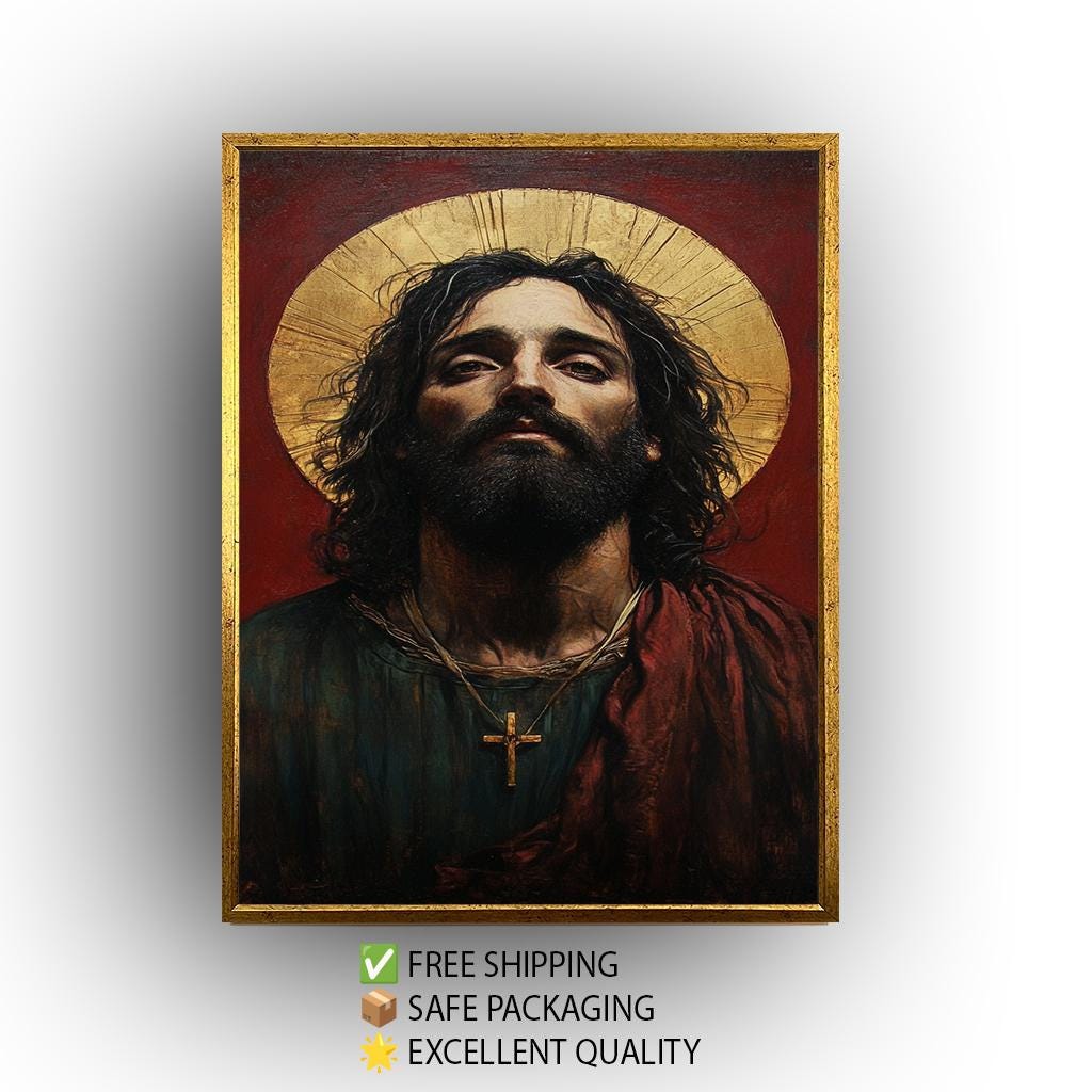 Sacred Jesus Portrait Canvas: Surreal Religious Art with Golden Halo