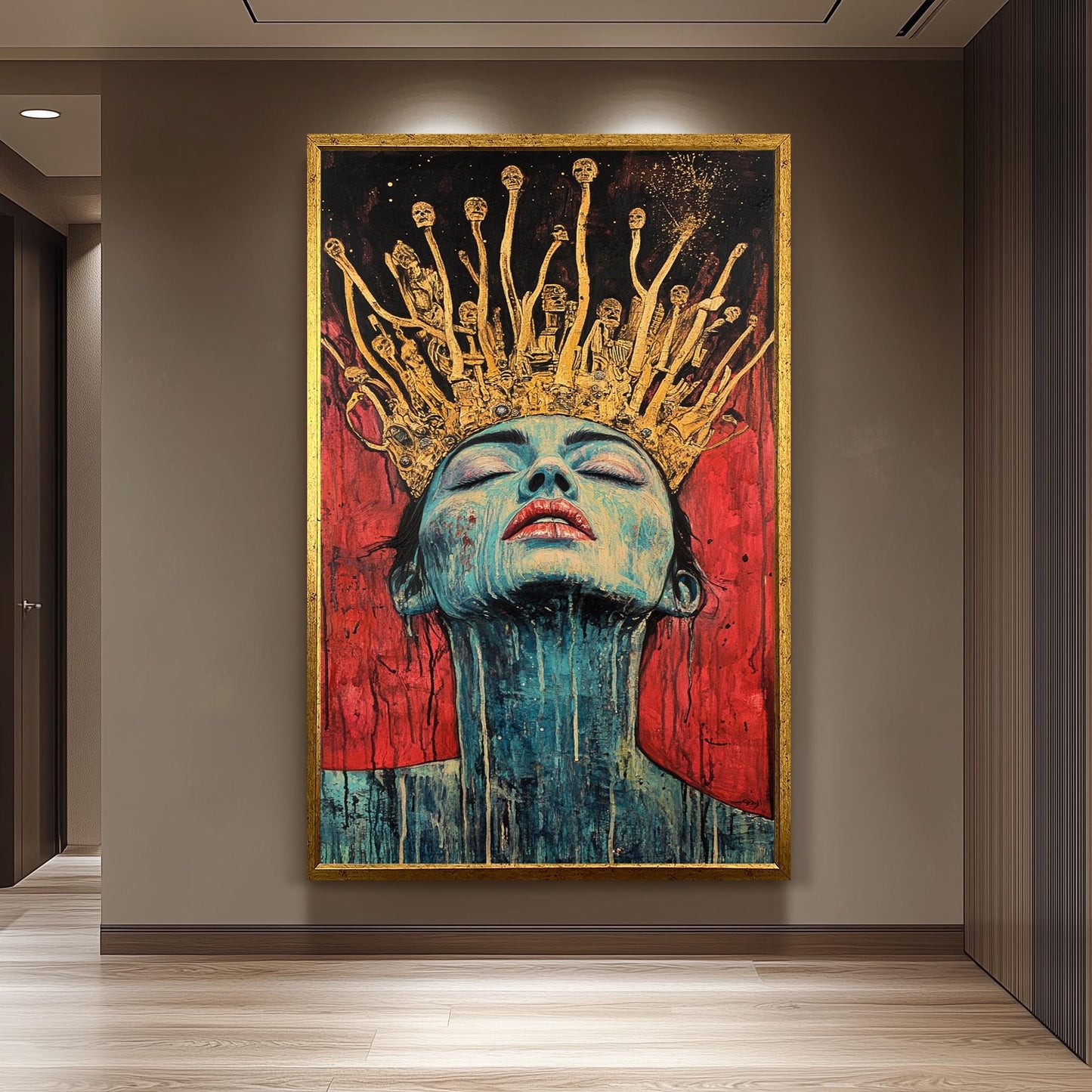 Surreal Queen Portrait Wall Art Dark Fantasy Woman Painting Gold Crown Skull Gothic Art Red Black Decor Unique Emotional Artwork Queen Art
