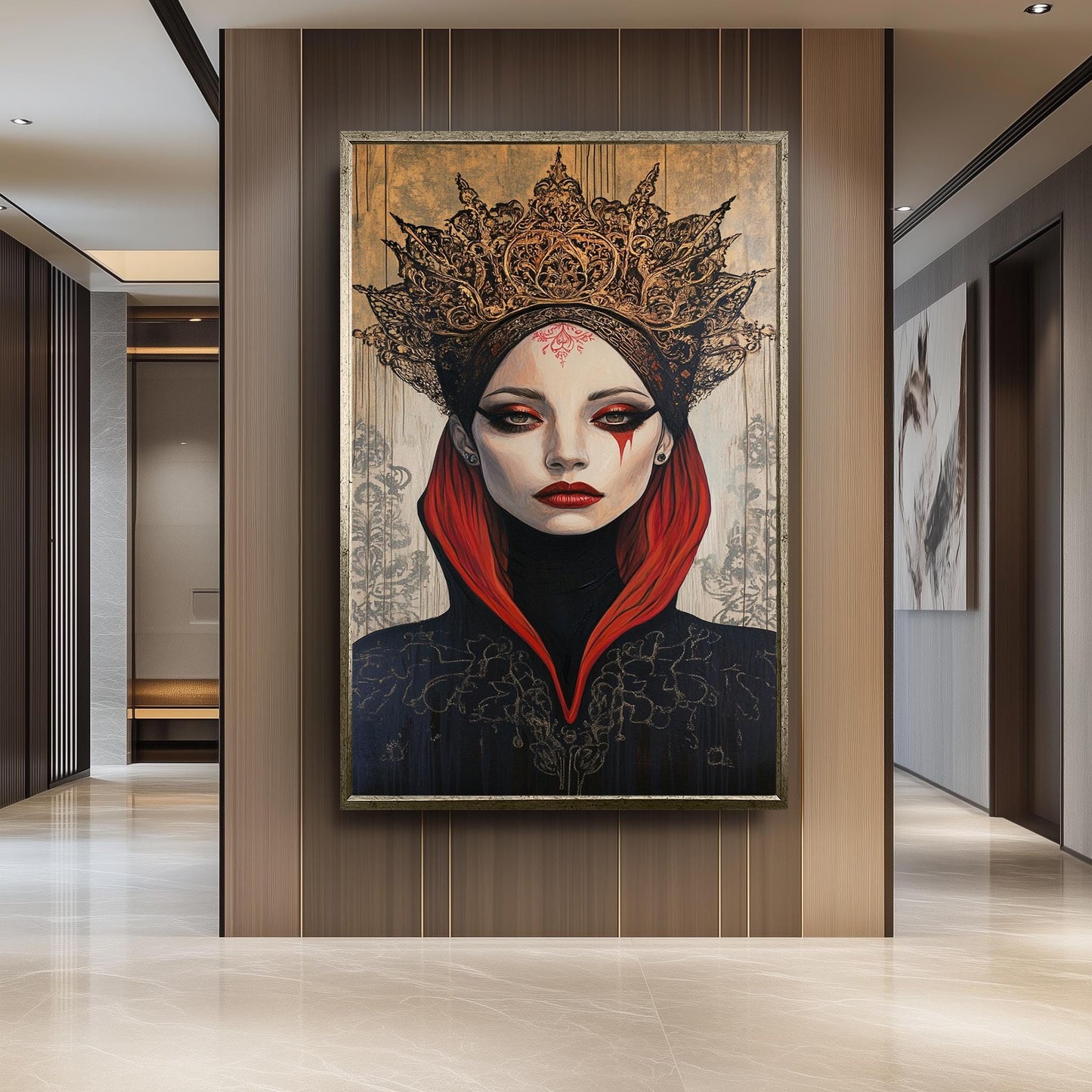 Surreal Gothic Queen Wall Art Mysterious Woman Portrait in Red and Black Crown Fantasy Painting Elegant Dark Royal Aesthetic Decor