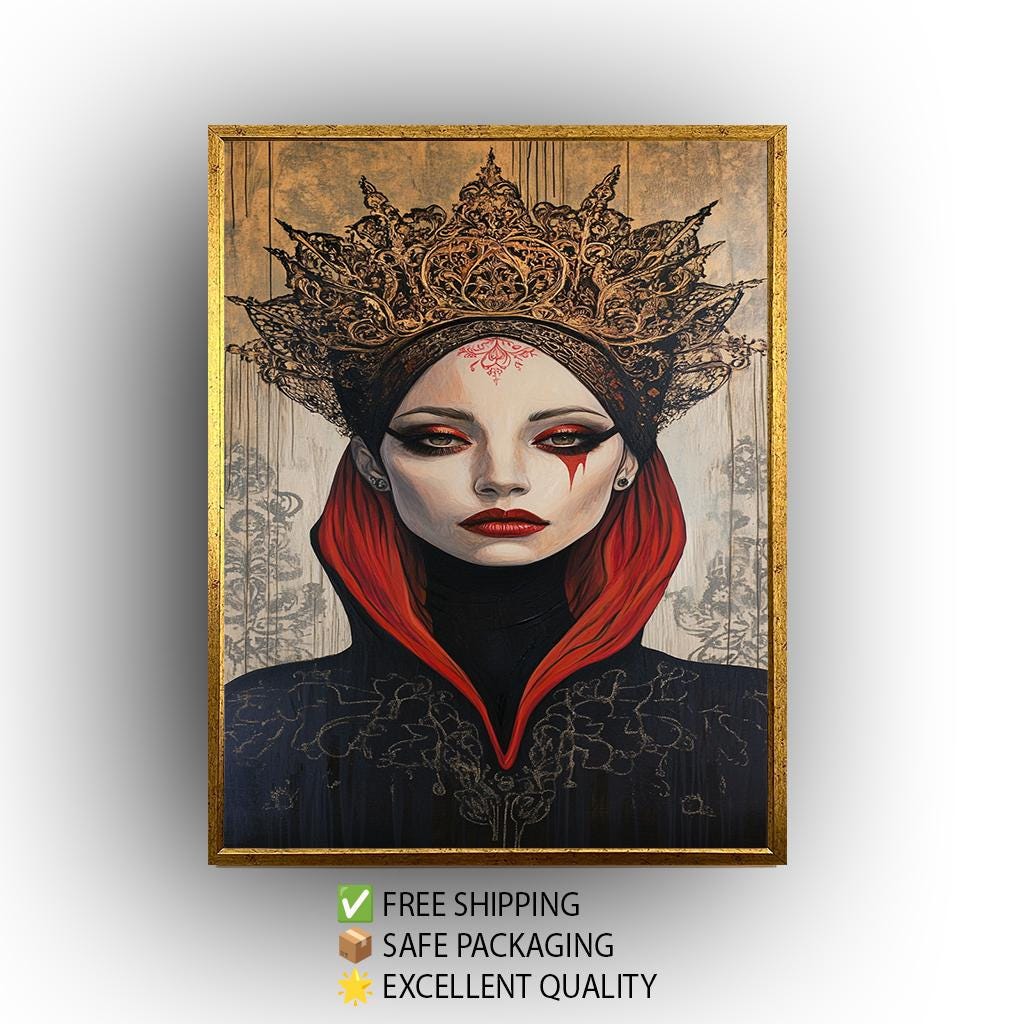 Surreal Gothic Queen Wall Art Mysterious Woman Portrait in Red and Black Crown Fantasy Painting Elegant Dark Royal Aesthetic Decor