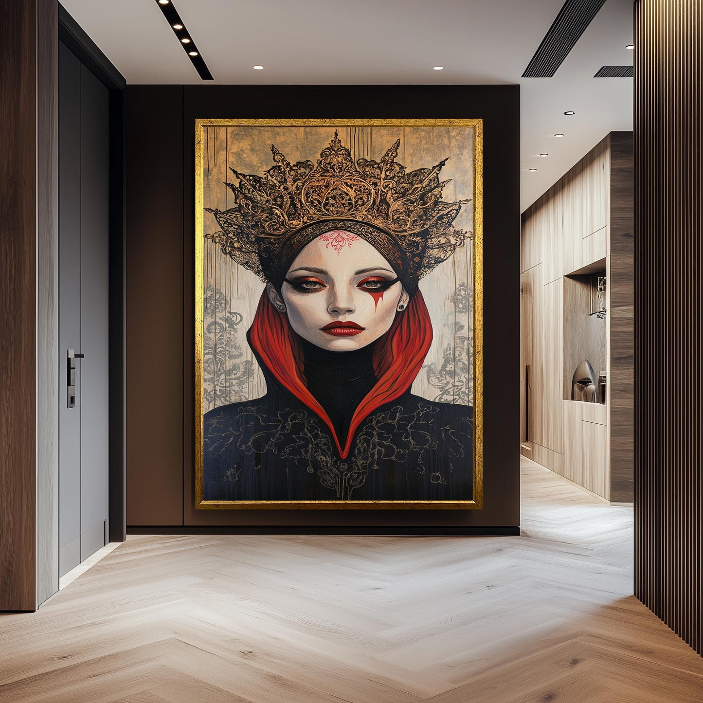 Surreal Gothic Queen Wall Art Mysterious Woman Portrait in Red and Black Crown Fantasy Painting Elegant Dark Royal Aesthetic Decor