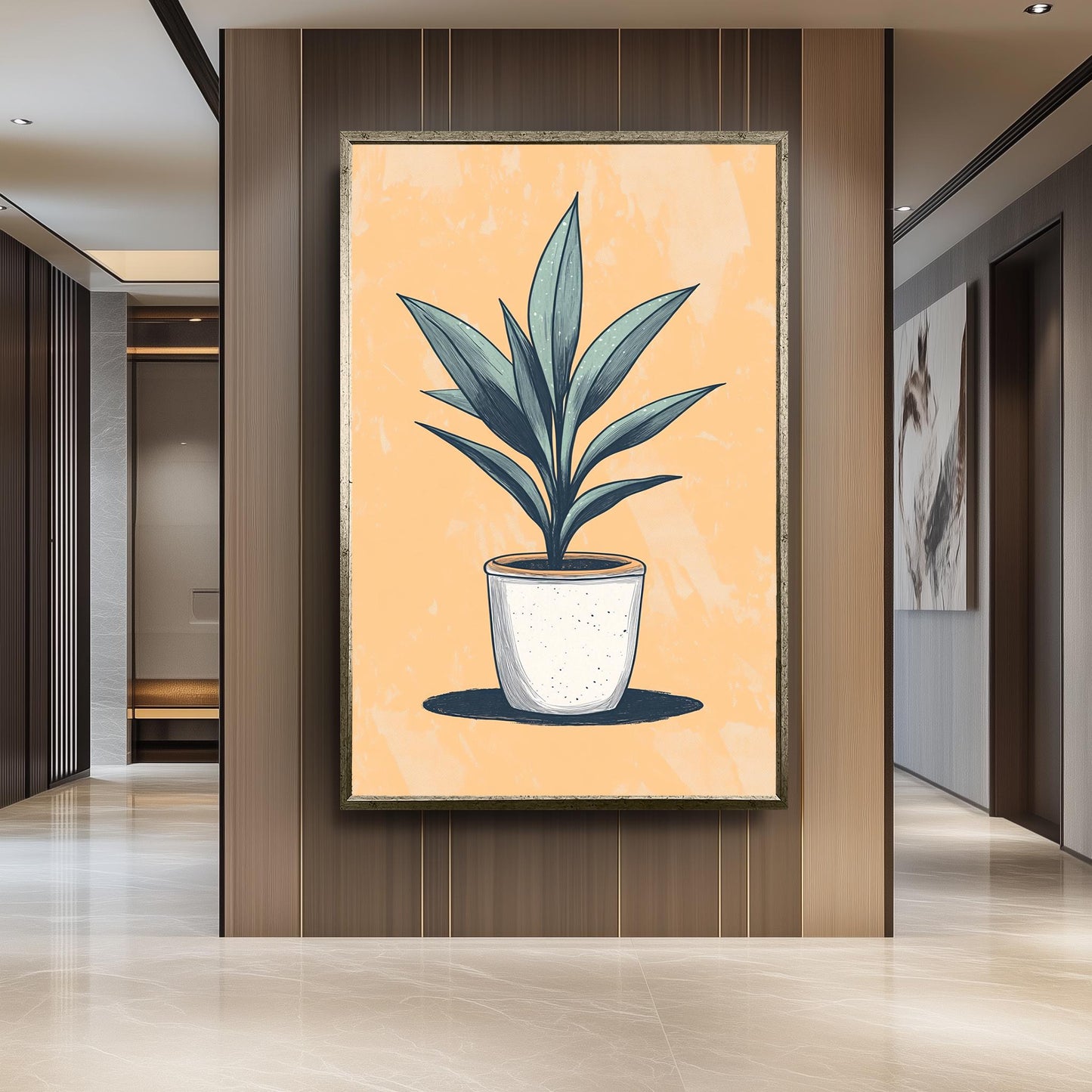 Potted Plant Wall Art: Hand-Drawn Botanical Print on Peach