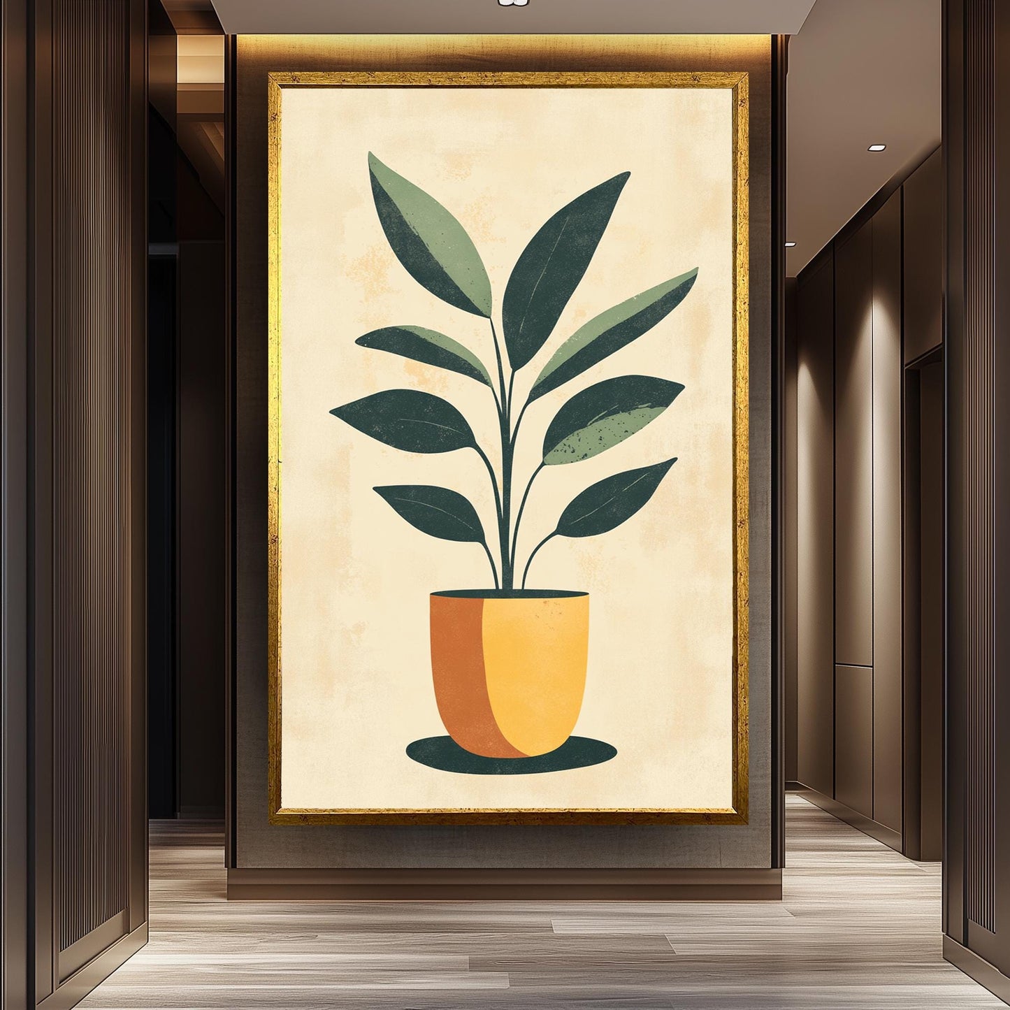 Mid Century Modern Plant Print: Green Leaf in Yellow Pot