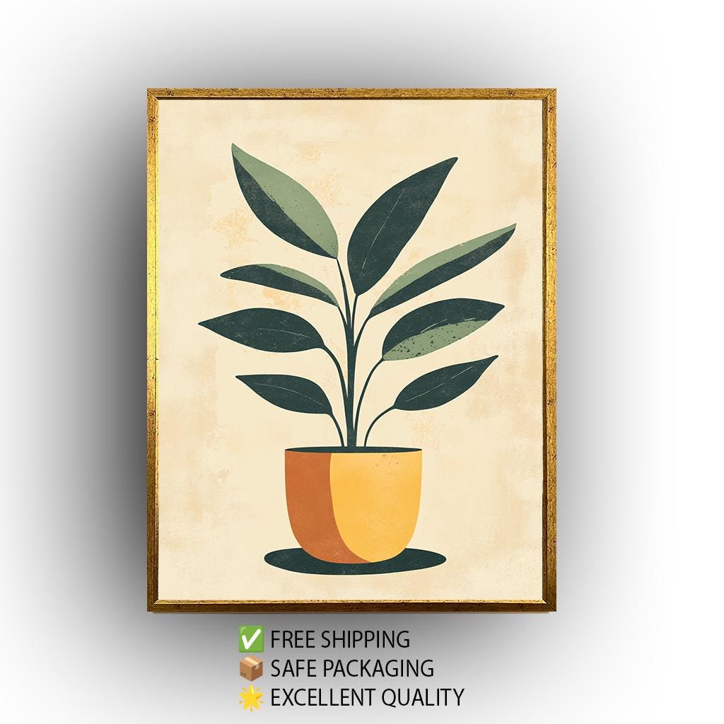 Mid Century Modern Plant Print: Green Leaf in Yellow Pot