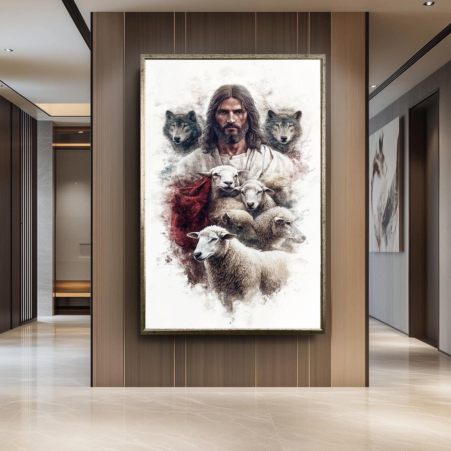 Jesus, Sheep, and Wolves Christian Art: Good Shepherd Religious Print
