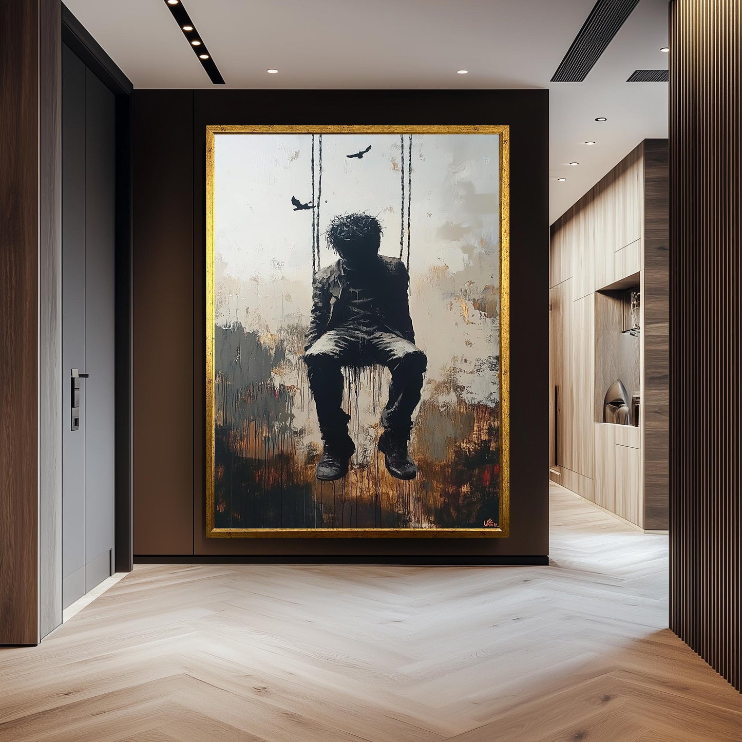 Surrealist Banksy-Style Street Art Print of a Man on Swing with Dark Abstract Mood, Urban Graffiti Inspired Modern Wall Decor Banksy Artwork