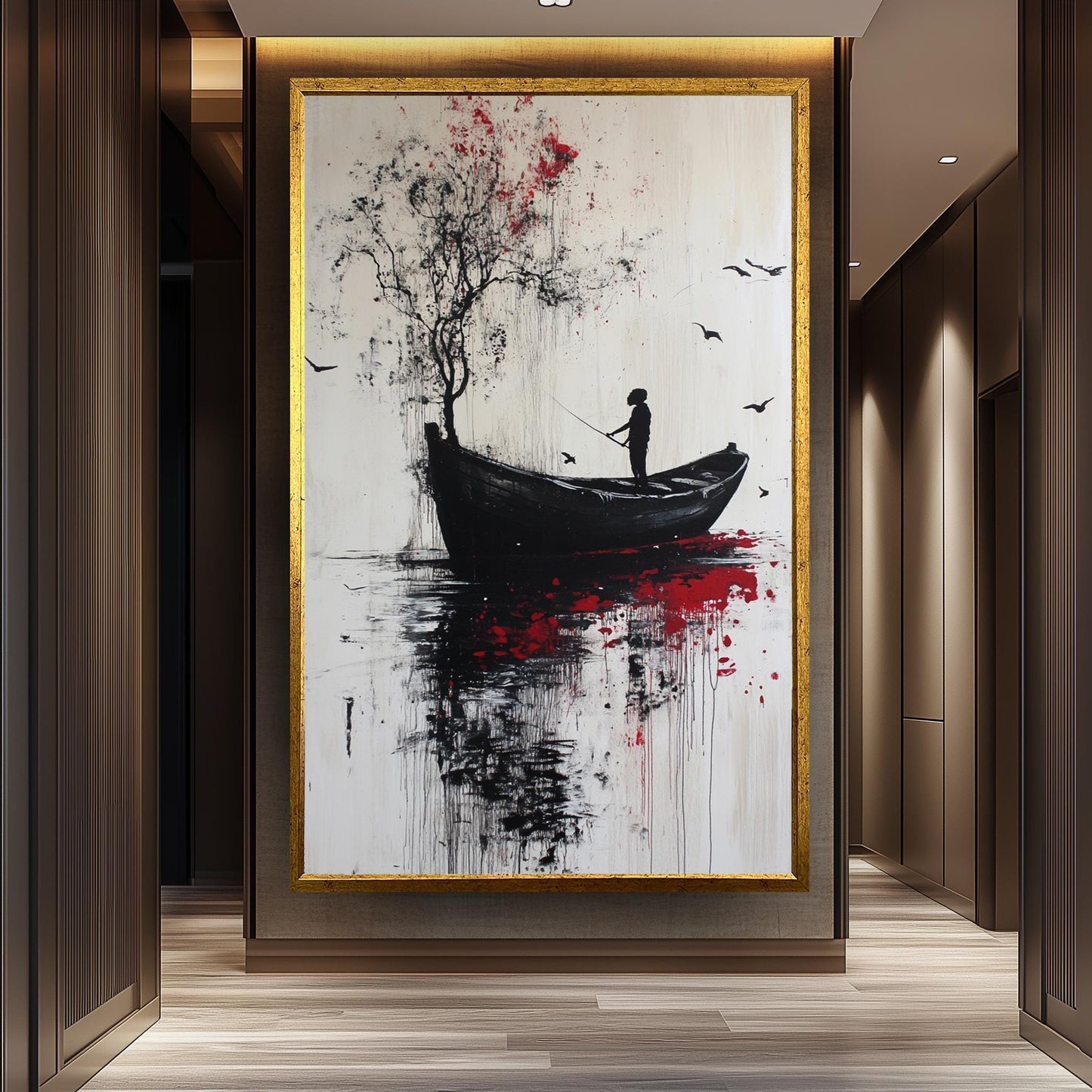 Banksy-Style Surrealist Canvas Print: Boy Fishing, Graffiti Art