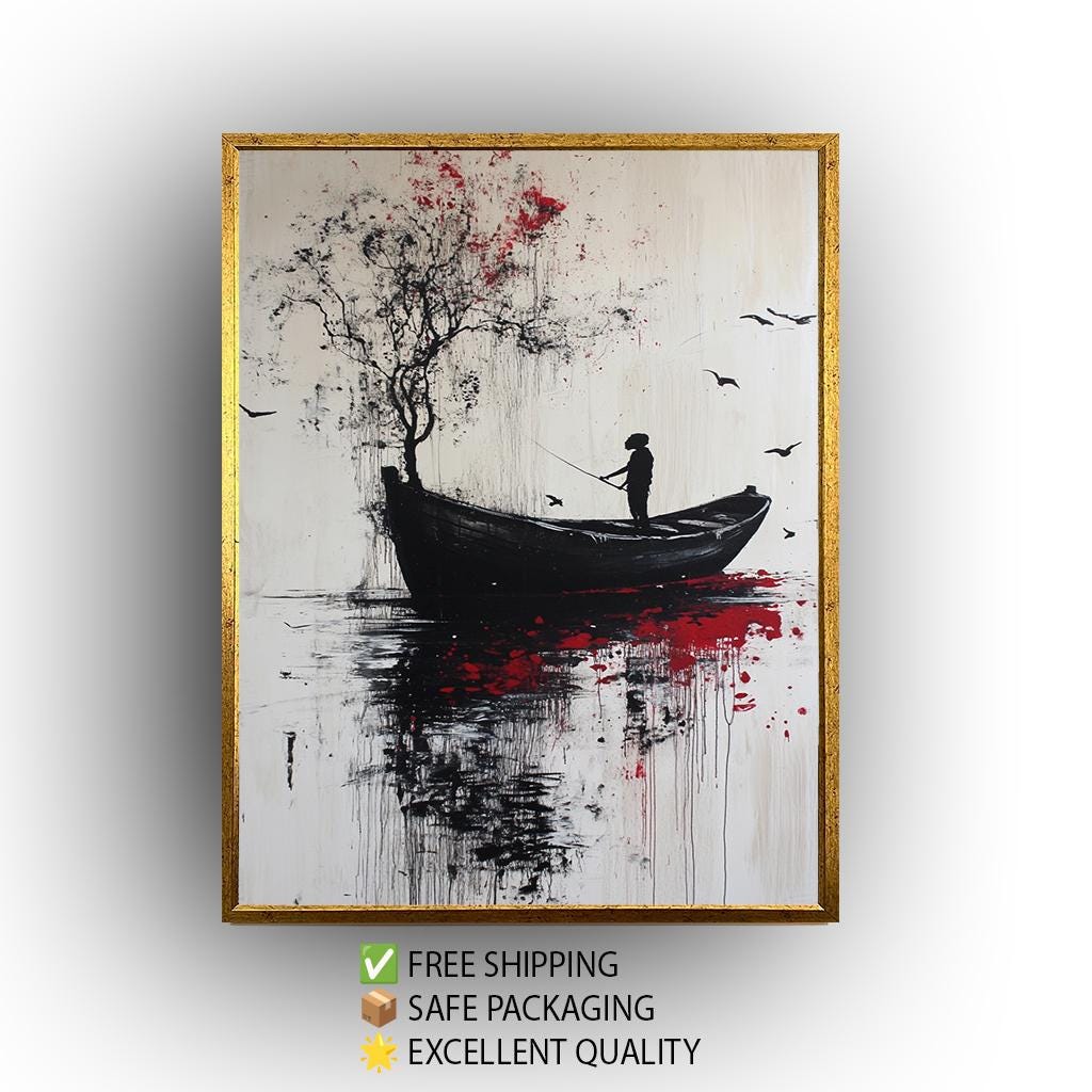 Banksy-Style Surrealist Canvas Print: Boy Fishing, Graffiti Art