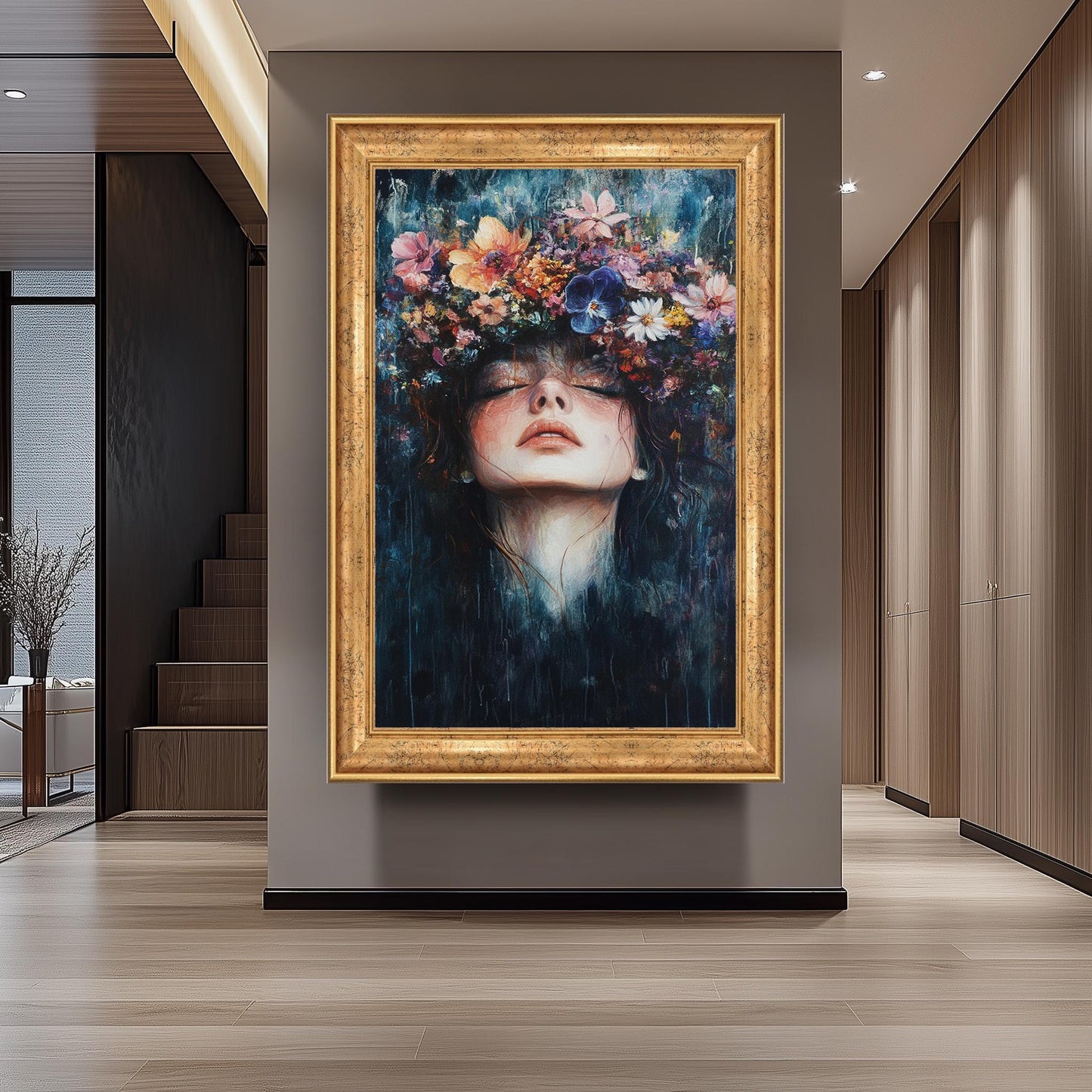 Surreal Woman Portrait: Floral Crown Canvas Art, Boho Home Decor
