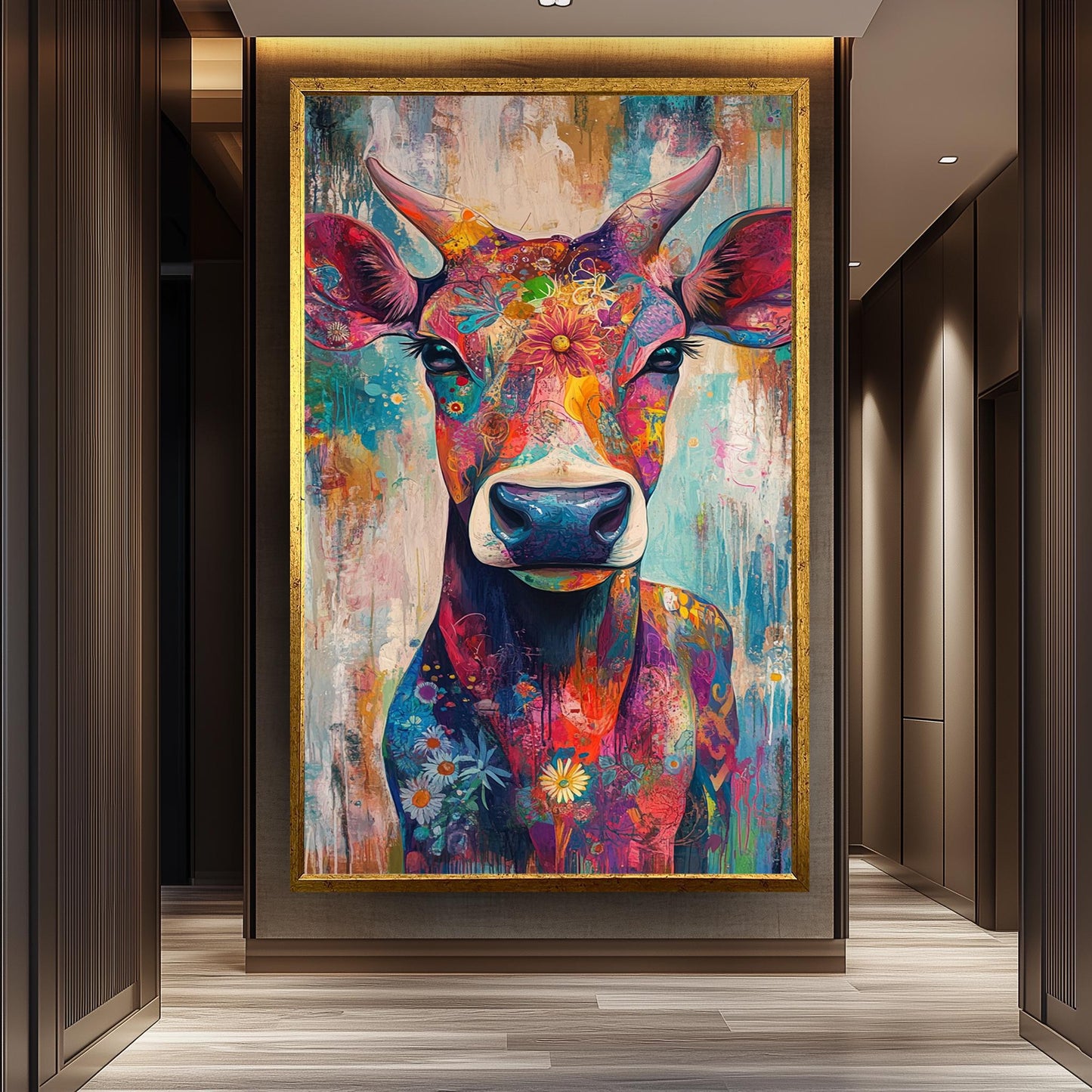 Floral Cow Wall Art: Colorful Farmhouse Animal Print