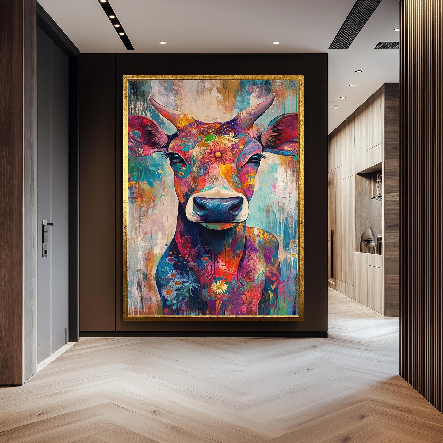 Floral Cow Wall Art: Colorful Farmhouse Animal Print