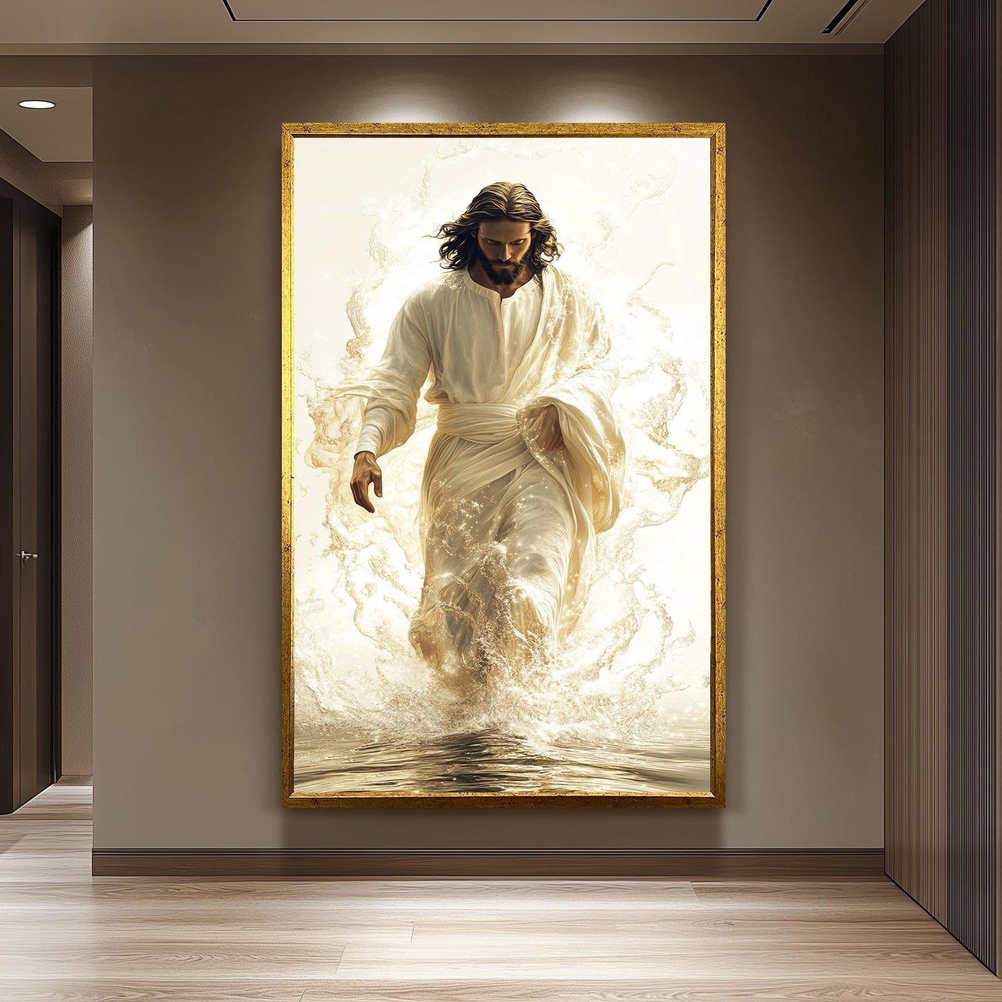Jesus Walking on Water Canvas Print: Gold Christian Wall Art