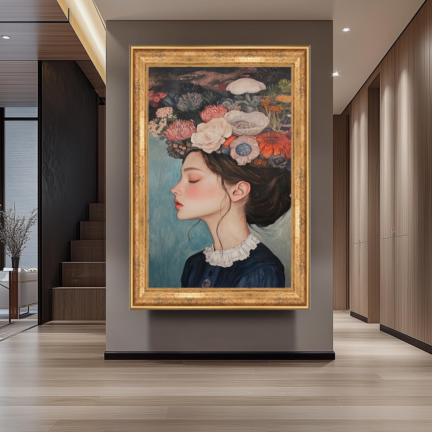 Surreal Floral Woman Portrait: Elegant Vintage Style Fine Art Print