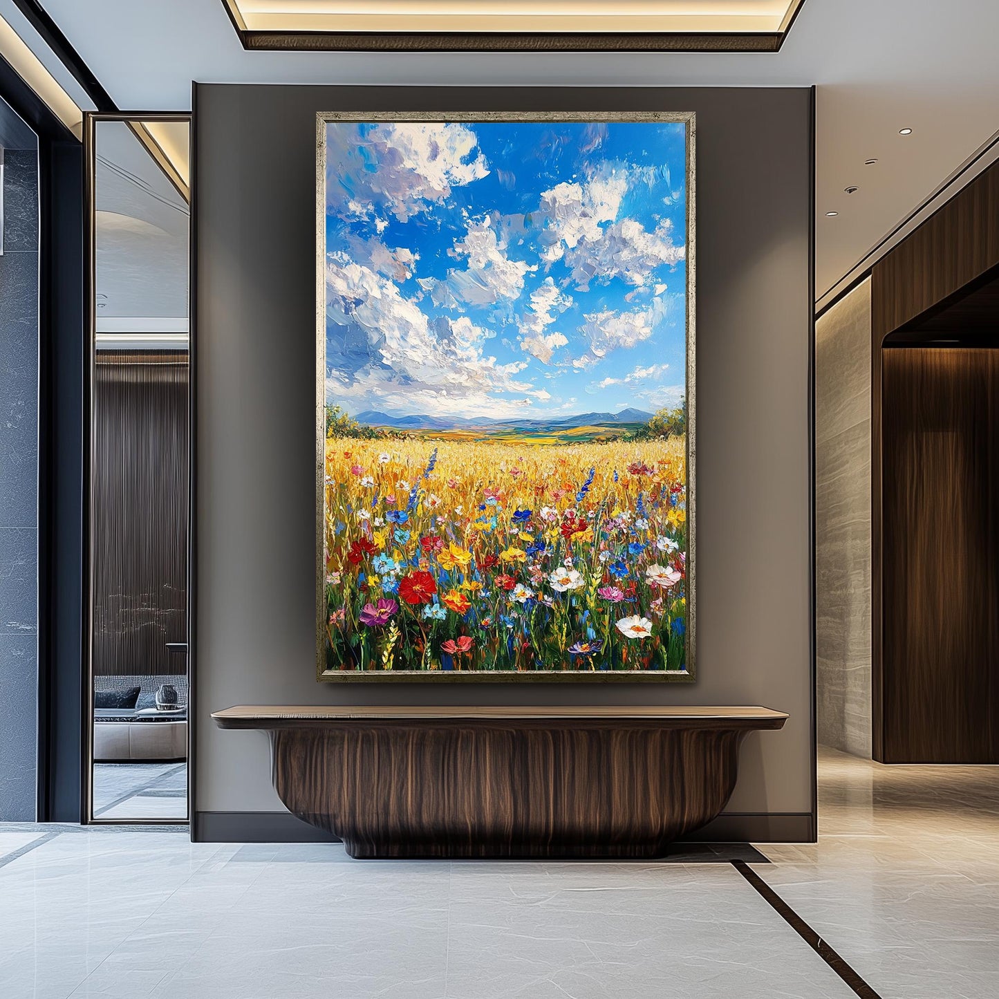 Wildflower Field Landscape Painting: Vibrant Floral Meadow Canvas Art