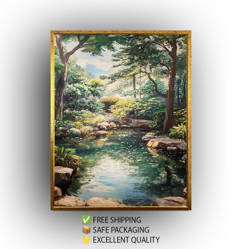 Vintage Garden Pond Oil Painting: Serene Landscape Canvas Wall Art