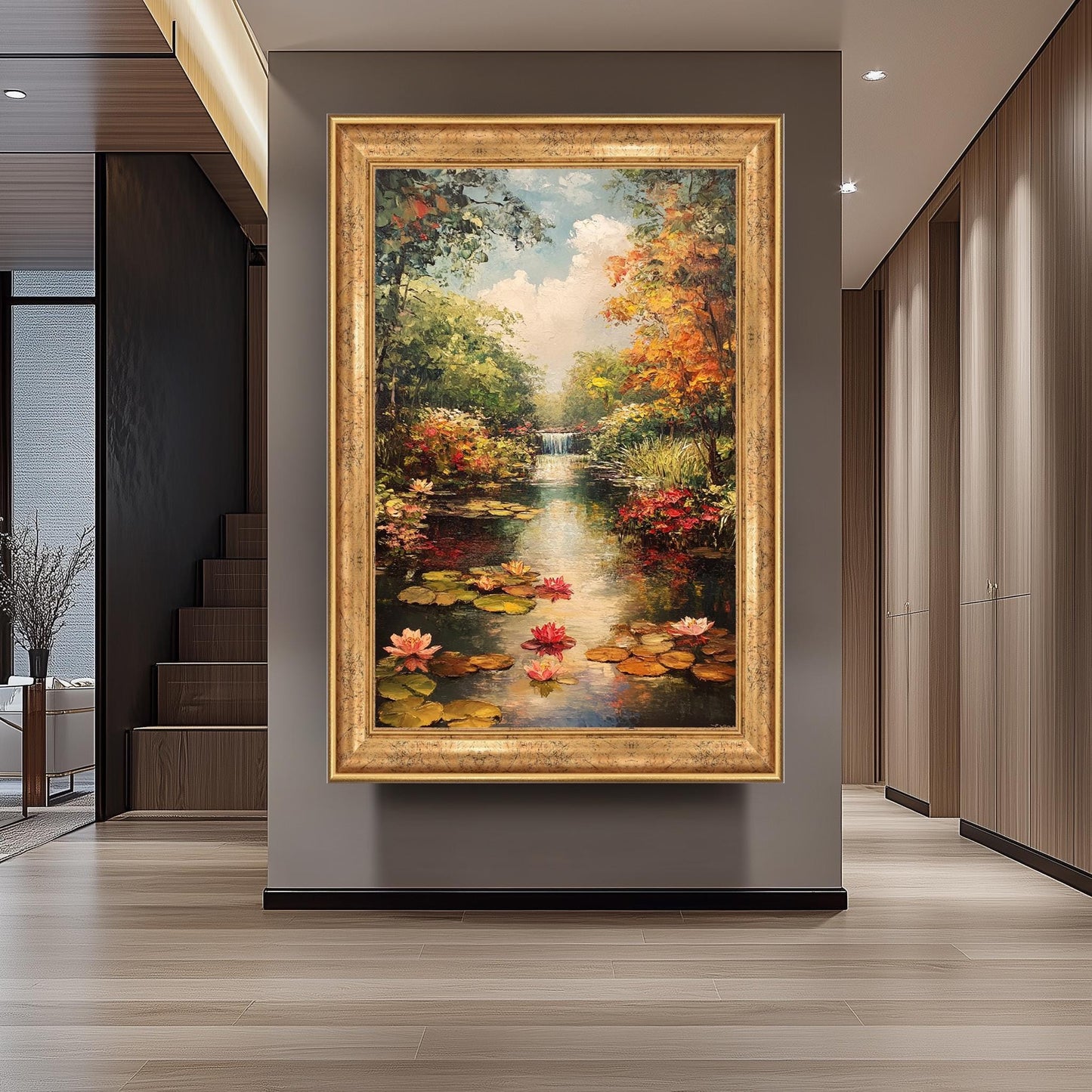 Vintage Garden Pond Oil Painting: Water Lilies, Waterfall Landscape Art Canvas
