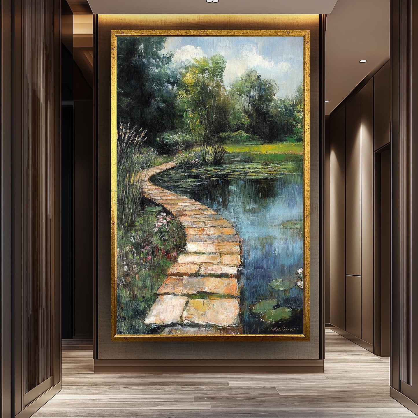 Vintage Garden Pond Oil Painting: Serene Lily Pad Landscape Art