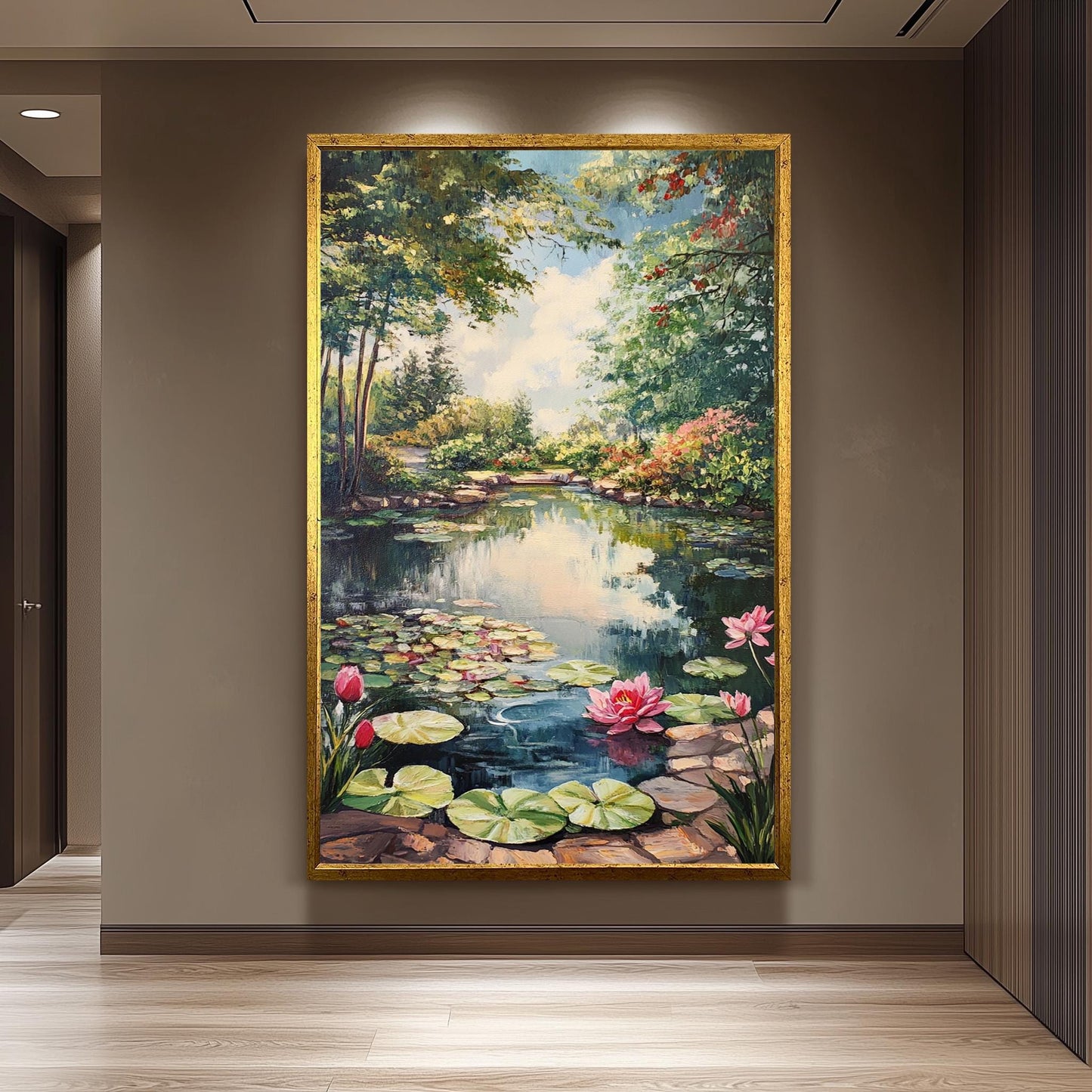 Vintage Lily Pond Oil Painting: Romantic Garden Landscape Wall Art