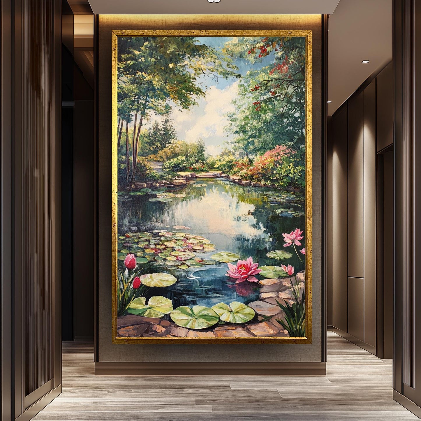 Vintage Lily Pond Oil Painting: Romantic Garden Landscape Wall Art