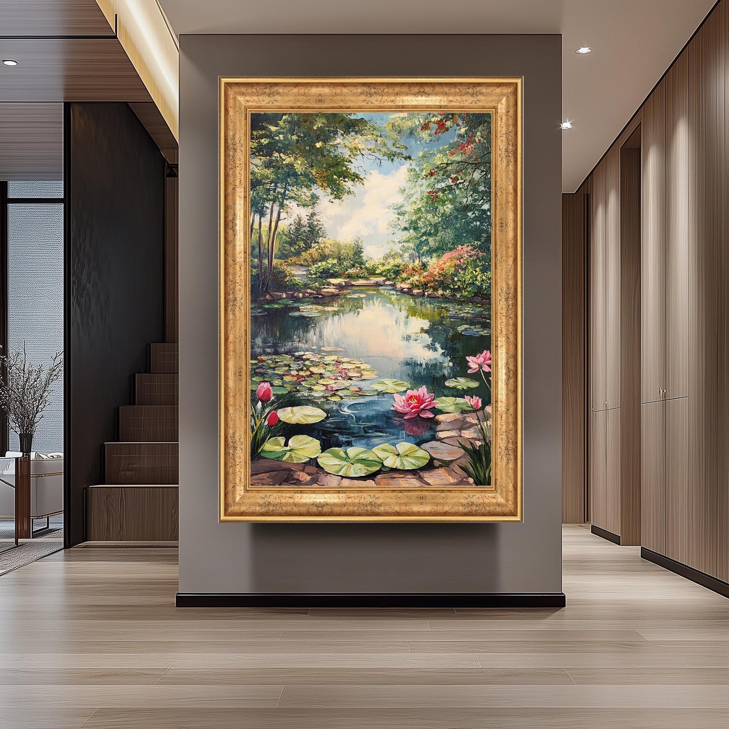 Vintage Lily Pond Oil Painting: Romantic Garden Landscape Wall Art