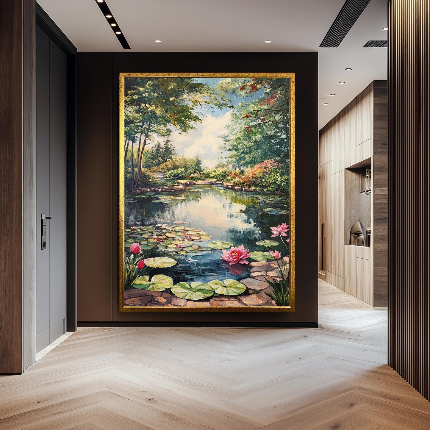 Vintage Lily Pond Oil Painting: Romantic Garden Landscape Wall Art