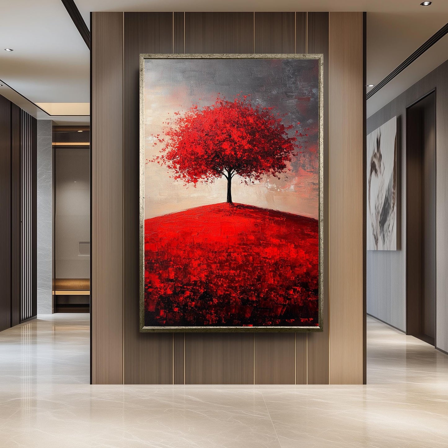 Red Tree Canvas Print: Abstract Landscape Painting, Textured Brushstrokes