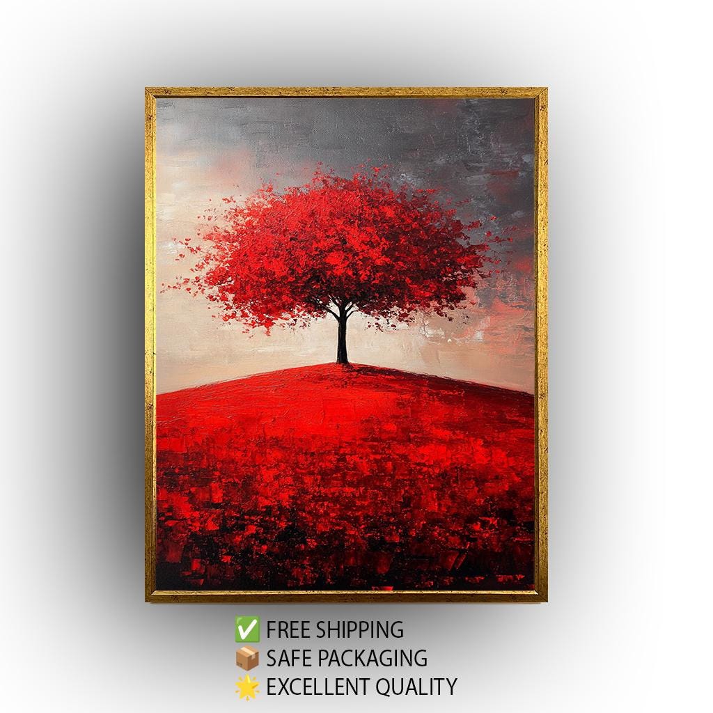 Red Tree Canvas Print: Abstract Landscape Painting, Textured Brushstrokes