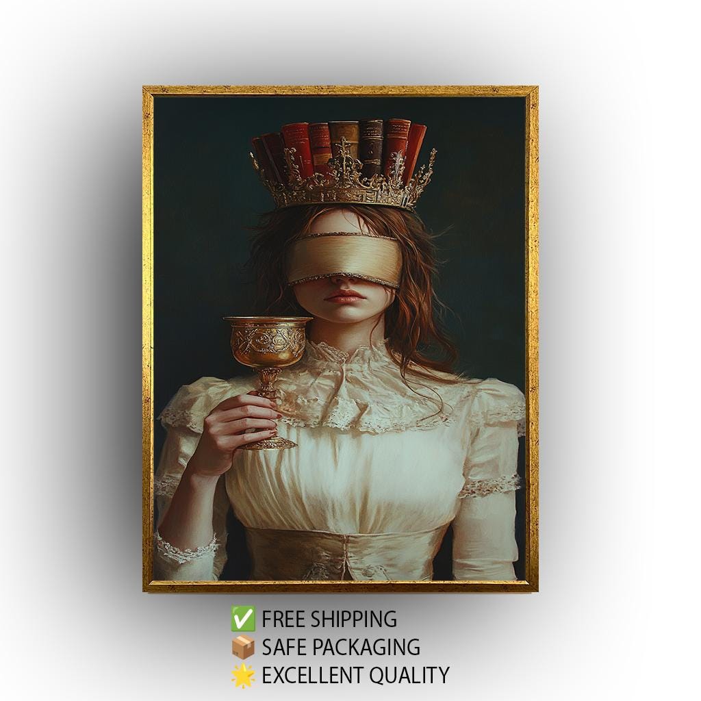 Dark Academia Canvas Art: Blindfolded Woman with Book Crown