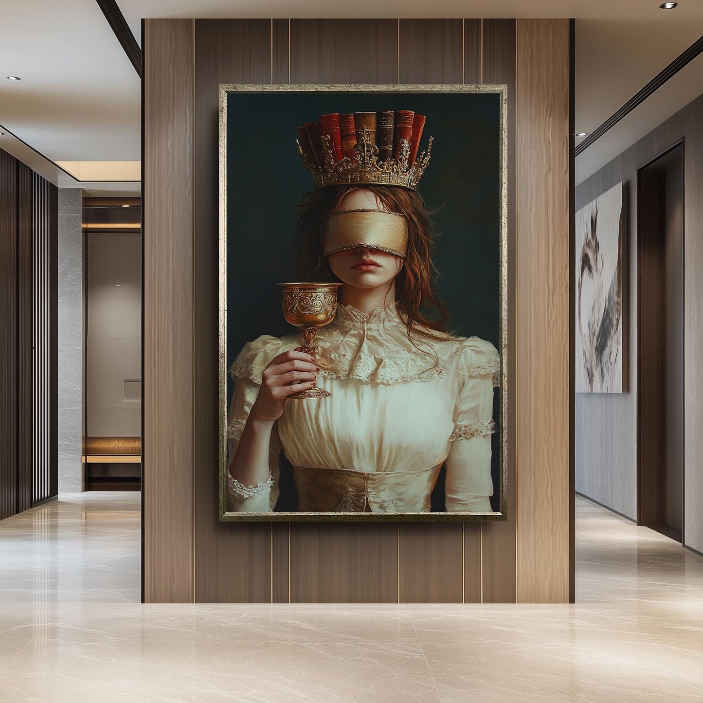 Dark Academia Canvas Art: Blindfolded Woman with Book Crown