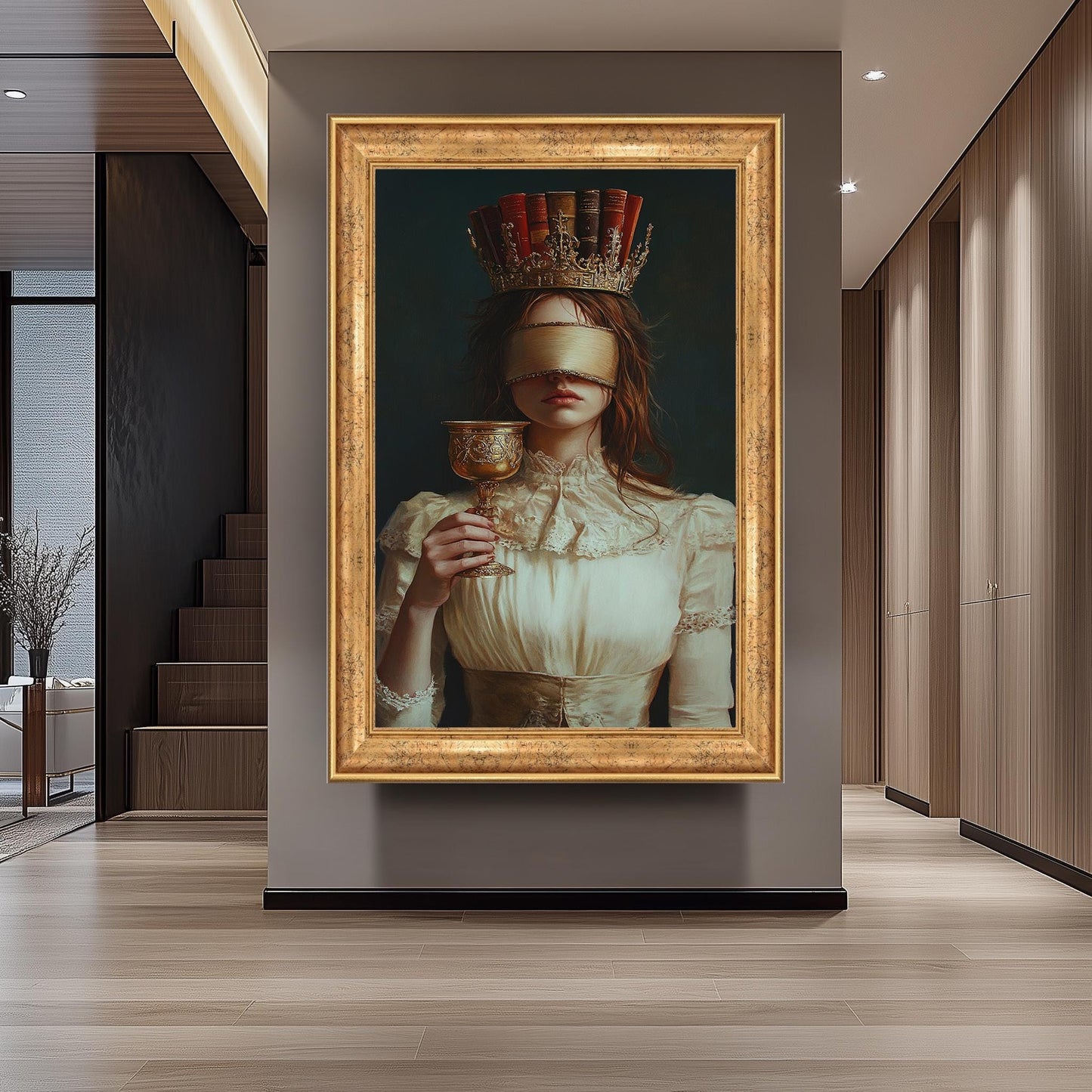 Dark Academia Canvas Art: Blindfolded Woman with Book Crown