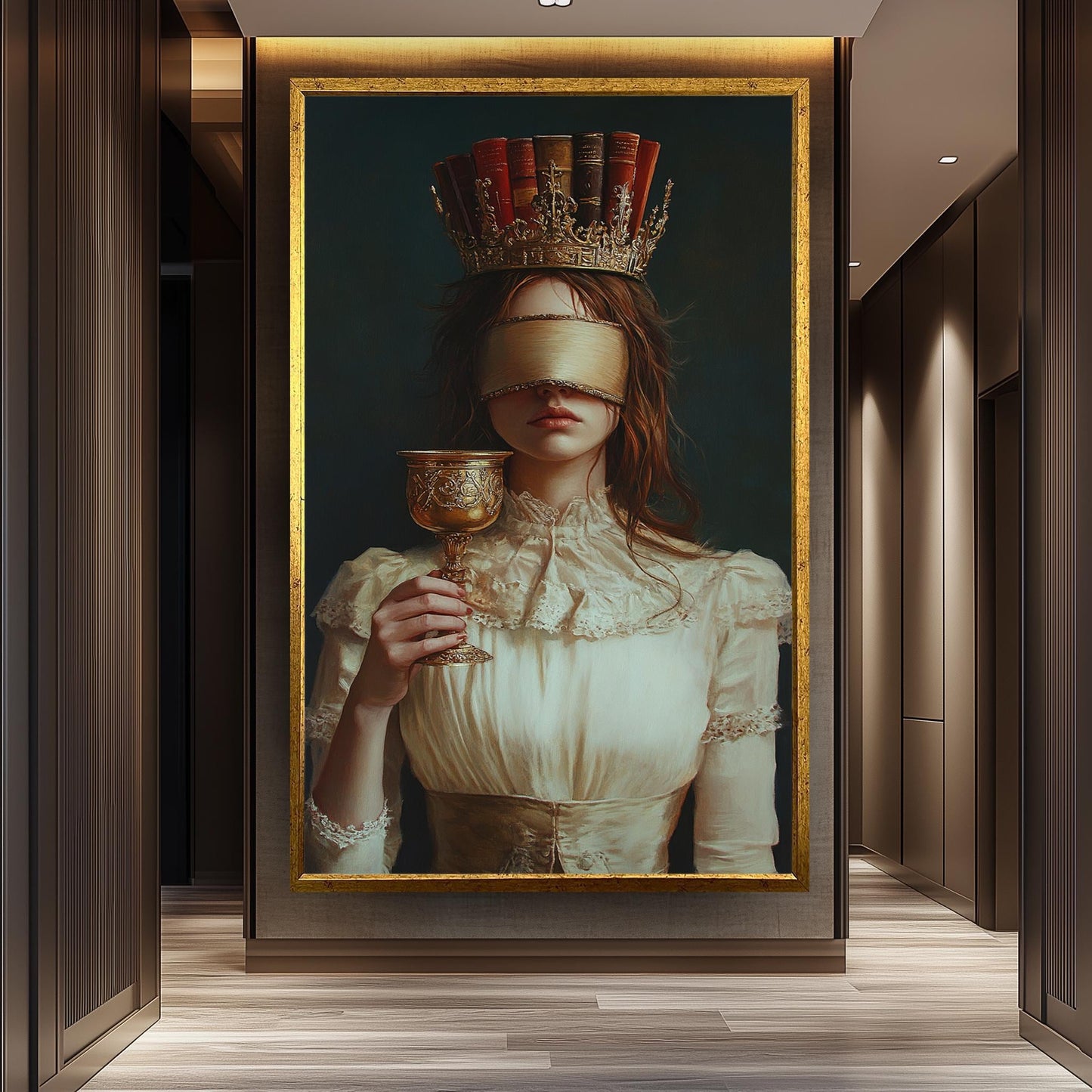 Dark Academia Canvas Art: Blindfolded Woman with Book Crown