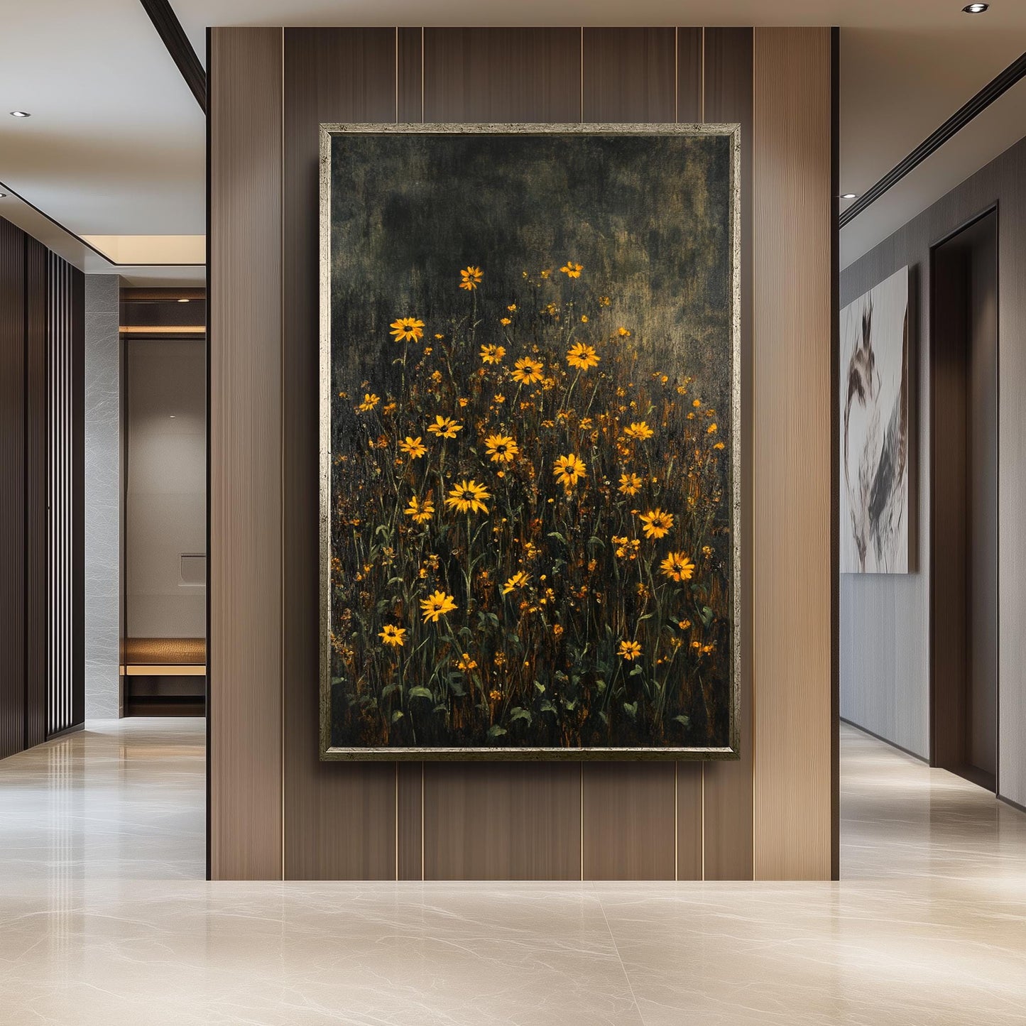 Dark Green Wildflower Field Canvas Art: Moody Floral Painting