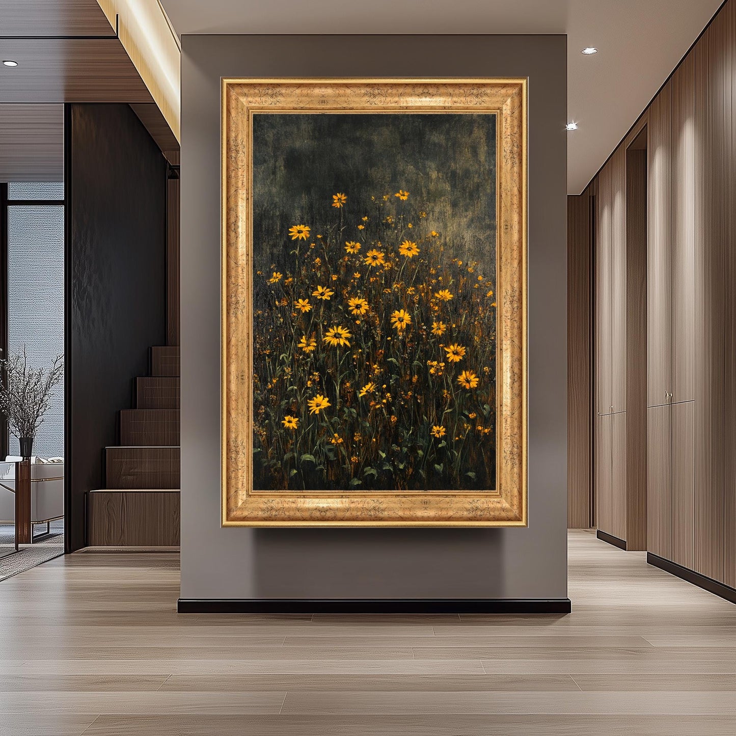 Dark Green Wildflower Field Canvas Art: Moody Floral Painting