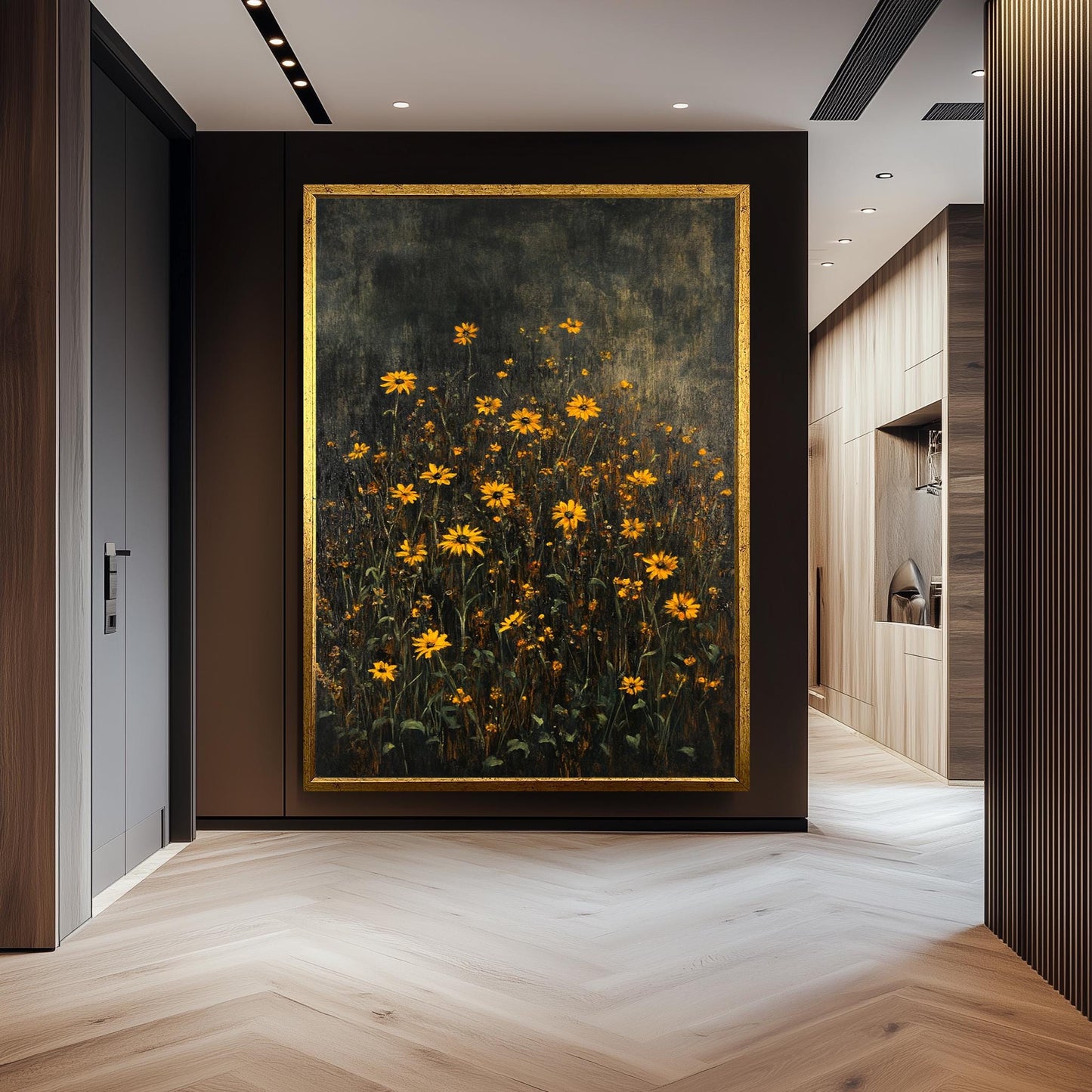 Dark Green Wildflower Field Canvas Art: Moody Floral Painting