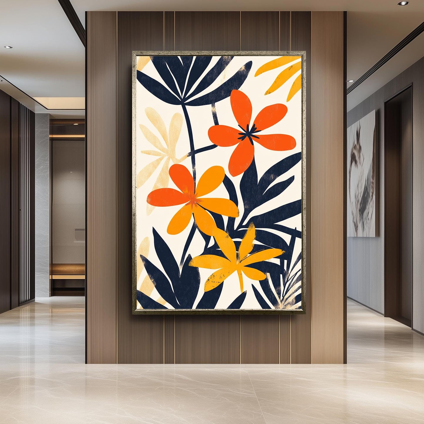 Matisse Inspired Floral Canvas Print: Orange & Navy Abstract Art