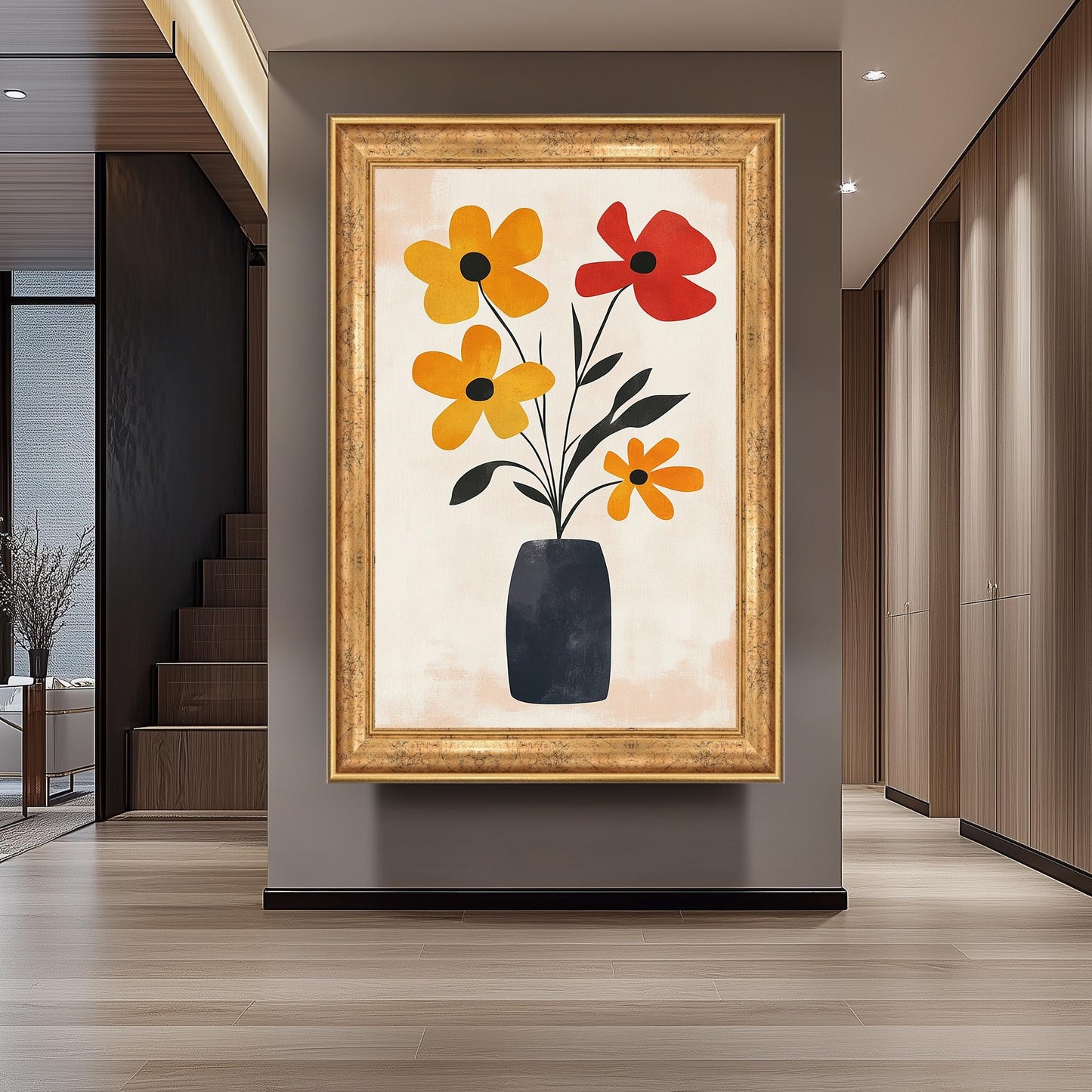 Matisse Inspired Floral Vase Print: Abstract Red and Yellow Flowers