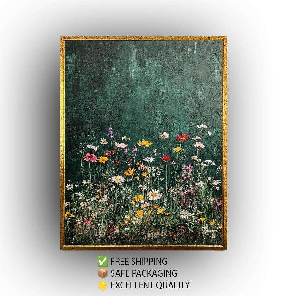 Wildflower Canvas Art: Botanical Painting on Dark Green