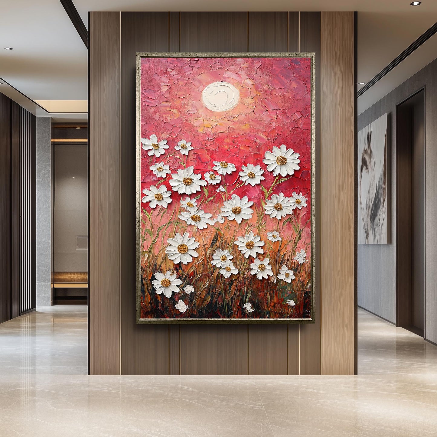 Textured Daisy Field Canvas Print: Warm Sunset, Rustic Floral Wall Art