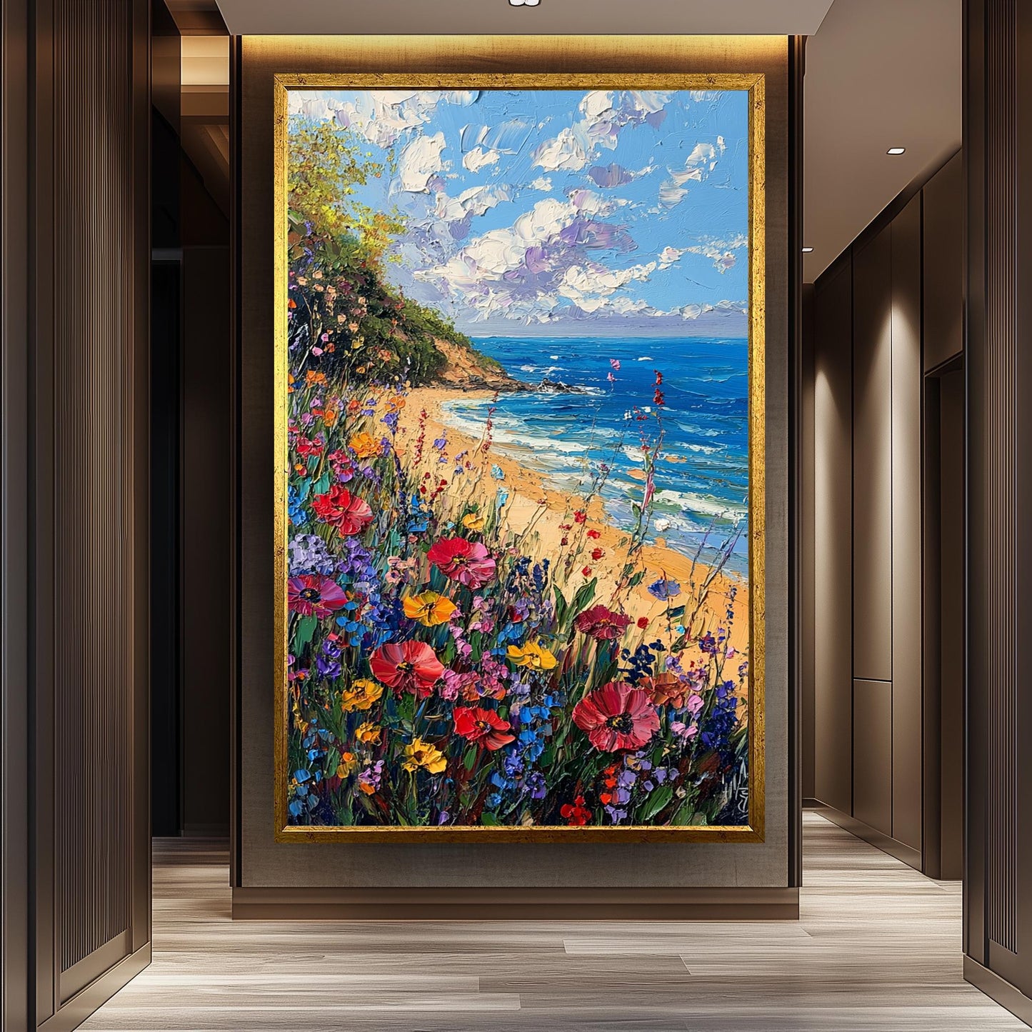 Coastal Wildflower Painting: Textured Beach Seascape Art Print