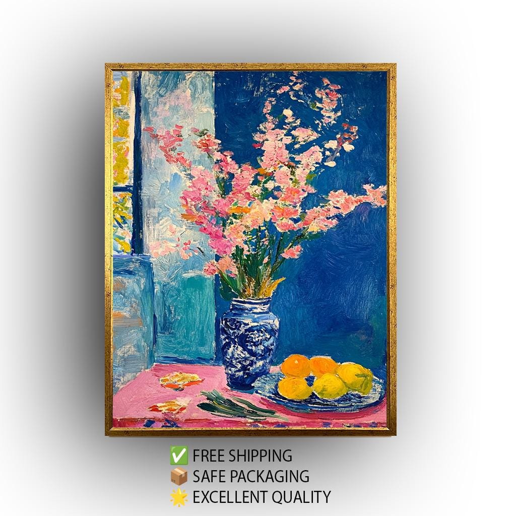 Matisse Style Floral Still Life Art Print: Pink Flowers & Citrus