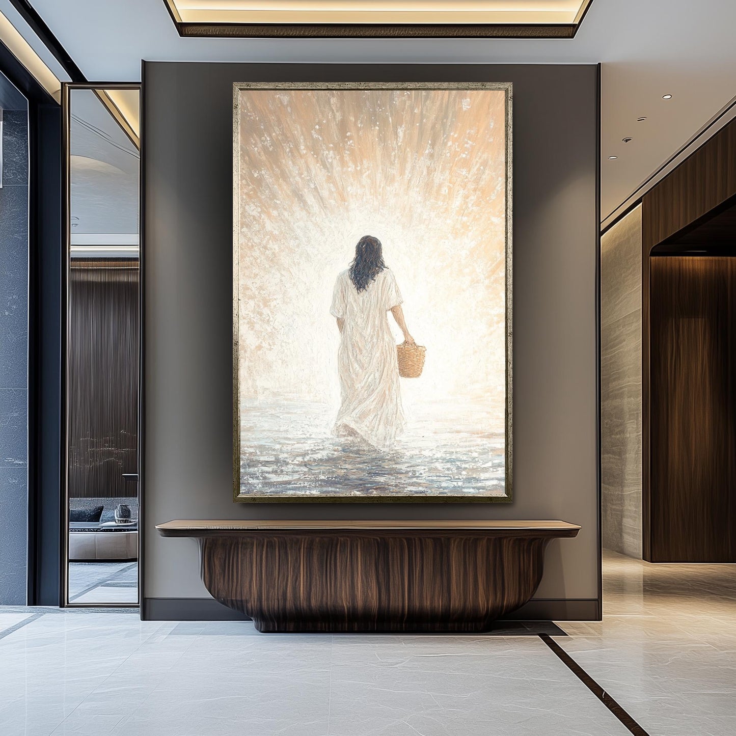 Spiritual Abstract Jesus Wall Art Print in Impressionist Style Featuring Christ in White Robe with Basket Walking Toward Light Jesus Artwork